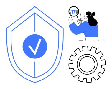 Veri güvenliği kavramı. Kontrol işaretli kalkanlar, kimlik üzerinde büyüteç ve ışık teknolojisi işlemleri için vites sembolleri. Siber güvenlik, sistemler, analiz ve kimlik koruması için veri güvenliği