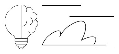 Yenilik, yaratıcılık, beyin fırtınası, üretkenlik, kavramsal düşünce, fikir üretimi. Ampul ve bulut soyut çizgisi sanatı. Yenilik ve yaratıcılık kavramı
