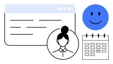 Kullanıcı profili yönetimi. Görsel öğeler arasında bir kullanıcı profili, işaretli tarihli bir takvim ve geri bildirim simgesi memnuniyeti de var. Zamanlama, verimlilik, müşteri geribildirimi, takım için ideal