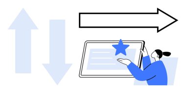 Kariyer büyümesi, dijital öğrenme, iş geliştirme, yönlendirme, kullanıcı etkileşimi, hedef başarısı. Elinde bir tablet ve farklı yönlere bakan oklar tutan kişi.