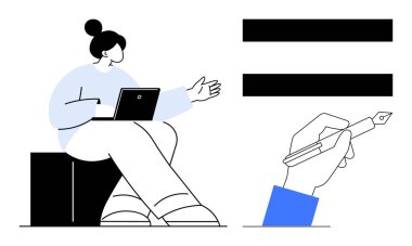 Fikirleri tartışırken dizüstü bilgisayarla uğraşan kadın, kalemle el yazısı, eşit işaret vurgu eşitliği. Takım çalışması, eğitim, yaratıcılık, eşitlik, uzak çalışma, yenilik için ideal