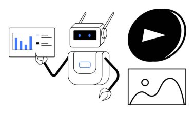 Artificial intelligence, data analysis, media processing, automation, digital transformation, robotics. Robot pointing at data chart with video and image icons. Artificial intelligence and data