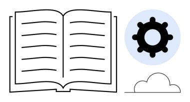 Öğrenme konsepti. Açık kitap, vites ve bulut görselleri eğitim, yenilik ve teknoloji entegrasyonu. Eğitim kaynakları için öğrenme, yapay zeka araçları, dijital yenilik çevrimiçi platformlar içeriği