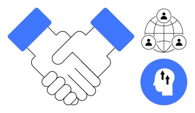 İş ortaklığı görüntüsü. El sıkışma, küresel ağ ve stratejik düşünme iş ortaklığını betimliyor. İşbirliği, takım çalışması, ağ oluşturma, liderlik ve profesyonel büyüme için kullanışlı