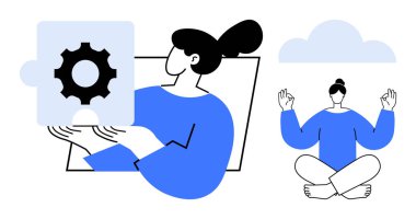 Problem çözme, farkındalık, odaklanma, rahatlama, organizasyon, zihinsel berraklık. Kadın bir yapboz parçası tutuyor ve meditasyon yapıyor. Sorun çözme ve farkındalık