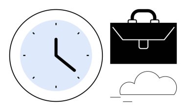 Zaman yönetimi, verimlilik, iş planlaması, uzaktan çalışma, programlama, yenilik. Bir saat, bir çanta ve bir bulut. Zaman yönetimi ve üretkenlik görsel kavramları