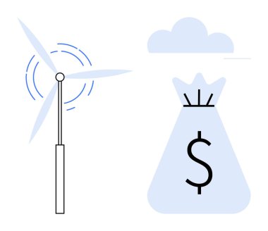 Rüzgar türbini yenilenebilir enerji üretiyor. Bulutun altında bir dolar işaretli para çantasının yanında. Sürdürülebilirlik, yeşil enerji, mali büyüme, eko-finansman, yatırımlar, çevre dostu ekonomi için ideal