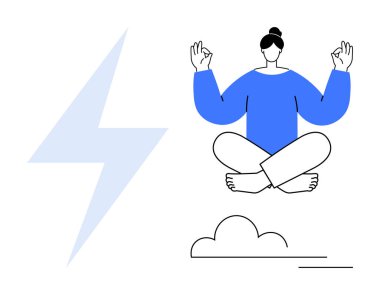 Farkındalık, meditasyon, enerji akışı, iç huzur, bütünsel sağlık, rahatlama odağı. Bir nilüfer çiçeğinin içinde oturan kişi bir yıldırım ve bulut elementinin yanında poz verir. Meditasyon ve farkındalık kavramı