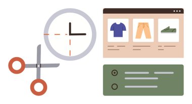 Online shopping, coupon mechanics, discount saving, retail marketing, e-commerce systems, digital transactions. Scissors cutting and shopping icons. Online shopping and coupon mechanics concept