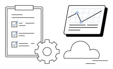 Kontrol işaretli, teçhizatlı, çizgili analitik çizelgeli, ince çizgili bulutlu. Üretkenlik, görev takibi, veri yönetimi, iş akışı analizi, bulut teknolojisi planlaması için ideal. A