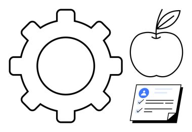 Gear for efficiency, apple for health, and checklist document for organization. Ideal for workflow, wellness, planning, productivity, balance, task management and progress simple flat metaphor