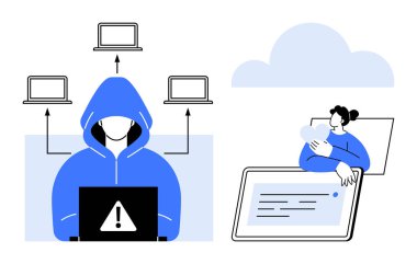 Siber güvenlik tehdidi. Kapüşonlu bir sistemdeki bilgisayar korsanı güvenli internet iletişimiyle çelişiyor. Siber güvenlik veri güvenliğini, korumayı ve dijital uyanıklığı araştırıyor. IT için.