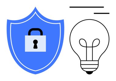 Siber güvenlik, yenilik, veri koruması, yaratıcı çözümler, fikri mülkiyet, bilgi güvenliği. Kilitli ve ampullü mavi kalkan. Siber güvenlik ve yenilik görsel kavram