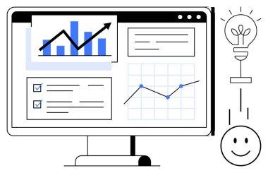 Veri analizi konsepti. Grafikler ve grafiklerle bilgisayar ekranında veri analizi görselleştirmesi. İş büyümesi, performans takibi ve karar verme süreci için veri analizleri. Teknoloji için