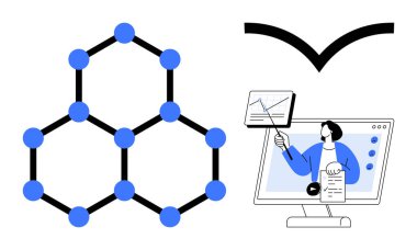 Çevrimiçi eğitim kavramı. Veri ağlarıyla çevrimiçi eğitim, sanal öğretim platformları ve uzaktan öğrenme etkileşimi. Çevrimiçi eğitim bilgiyi ve dijital araçları birbirine bağlar. edtech için ideal