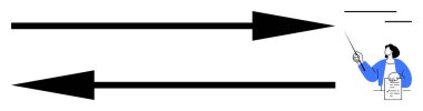 Two large arrows point in opposite directions, with a person holding a pointer and clarifying concepts. Ideal for perception, education, logic, decision-making, analysis, focus, simple flat metaphor