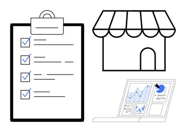 İş planlaması, veri analizi, perakende yönetimi, organizasyon, verimlilik, girişimcilik. Kontrol listesi, mağaza önü ve analitik gösterge paneli görselleri. İş planlaması ve veri analizi kavramı