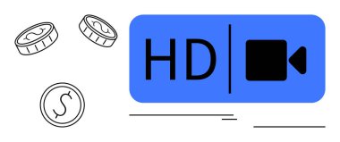 Maliyeti veya yatırımı temsil eden madeni paraların yanında HD video sembolü. Medya üretimi, yayın, gider analizi, video kalitesi, dijital yenilik, pazarlama araçları ve seyirci erişimi için ideal. Basit.