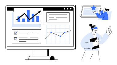 Data analytics, business management, corporate strategy, productivity tools, decision making, workplace collaboration. A monitor showing charts, graphs and checklist a woman interacting. Data