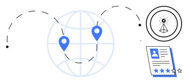 Globe with location points, profile page, and eye within pyramid. Ideal for networking, global communication, job search, profile management, security data sharing recruitment. Simple flat metaphor