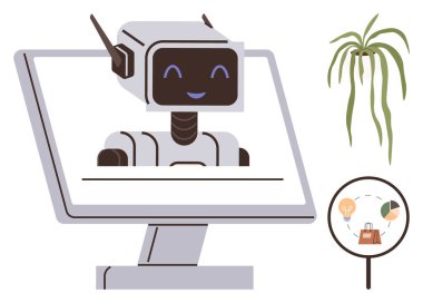 Teknoloji, dijital etkileşim, sürdürülebilirlik, yapay zeka, büyüme, yenilik. Monitörde bir robot, saksı bitkisi büyütülmüş iş büyütme konsepti. Teknoloji ve büyüme kavramı