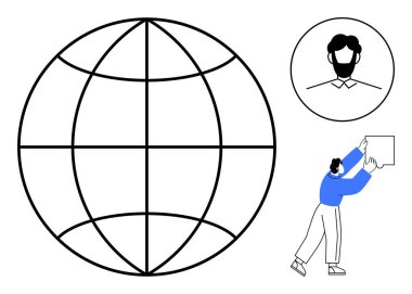 Küresel iletişim kavramı. bir dünya sembolü, bir erkek avatar, ve bir mesaj kutusu tutan bir figür. Küresel ağlar, bağlantılar, takım çalışması ve insan etkileşimi vurgulanmıştır. Teknoloji için mükemmel.