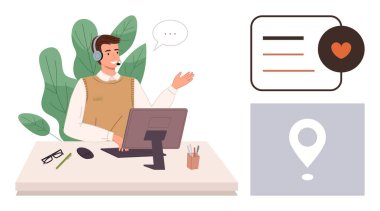 Müşteri hizmetleri, sanal yardım, telekomünikasyon, iş desteği, uzaktan yardım, iş yeri etkileşimi. Masadaki çalışan kulaklık takıyor. Müşteri hizmetleri ve sanal yardım kavramı