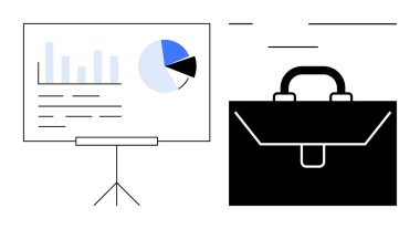 İş stratejisi, kurumsal planlama, finansal analiz, veri sunumu, üretkenlik araçları, operasyonel büyüme. Grafikler ve siyah bir evrak çantası. İş stratejisi ve şirket