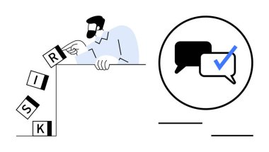 Blokları dengeleyerek riski değerlendiren bir iş adamı ve konuşmayı onaylayarak simgeyi temsil eden bir simge. Karar verme, risk değerlendirmesi, iletişim, planlama, takım çalışması, strateji, basit daire