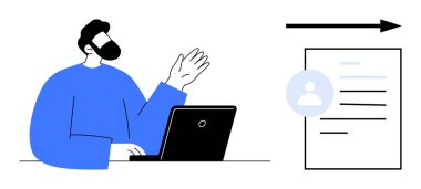 Dijital iletişim, belge transferi, uzaktan çalışma, modern teknoloji, çevrimiçi hizmetler, üretkenlik araçları. Dizüstü bilgisayarın başında bir belge simgesine doğru hareket eden biri. Dijital iletişim