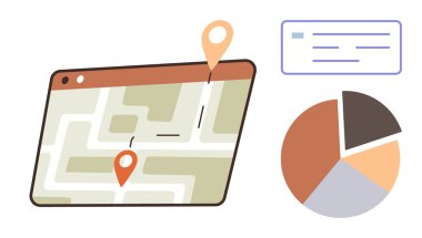 Navigation, geolocation, data presentation, business analytics, digital mapping, communication tools. A map with location pins, pie chart and a text box. Navigation and data presentation concepts