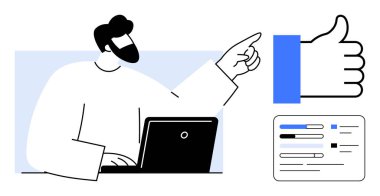 Kullanıcı angajmanı. Kullanıcı aktif müdahaleyi vurgulayan dizüstü bilgisayar ve onay sembolü ile etkileşim halinde. Kullanıcı bağlantısı etkileşimi, geri bildirim ve dijital iletişimi teşvik ediyor. Takım çalışması için