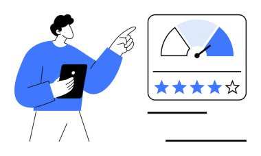 Müşteri geri bildirimi. Müşteri geribildirim değerlendirmesi için kullanıcı performans göstergesi ve yıldız değerlendirme sistemiyle etkileşime giriyor. İş, pazarlama, UX tasarımı, ürün geliştirme için müşteri geribildirim analizi