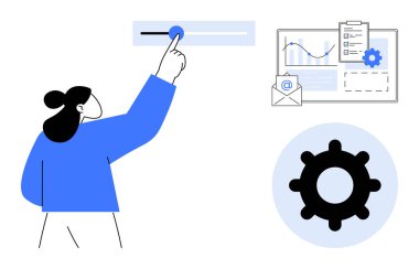 İş yönetimi konsepti. Veri görüntüleme, vites ayarları ve ayarlama kontrolleri ile iş arayüzleri. İşletme işlemleri ve görevleri optimize ediyor. İş akışı, teknoloji, verimlilik için