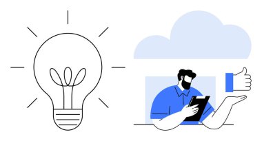 Yenilik, beyin fırtınası, yaratıcı düşünme, veri analizi, profesyonel büyüme, takım çalışması. Verileri analiz eden birinin yanında ampul. Yenilik ve beyin fırtınası konsepti