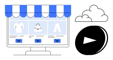 E-commerce, retail technology, cloud storage, online shopping, digital marketing, business tools. A computer monitor displays a digital storefront. E-commerce and retail technology concepts
