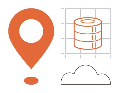 Bulut hesaplama, veri depolama, teknoloji, konum belirleme, dijital altyapı, bilgi yönetimi. Turuncu lokasyon pimi, veri şebekesi bulutu. Bulut hesaplama ve veri depolama teması