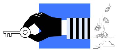 Güvenlik, finansal erişim, veri koruması, siber suç, servet kontrolü, para değişimi. Bozuk paraların yanında bir el anahtar tutar. Güvenlik ve finansal erişim kavramı