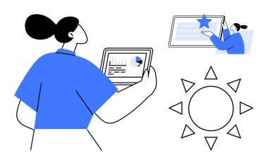 İş eğilimleri, öğrenme platformları, ekolojik bilinç tasarımı, veri analizi, çevrimiçi eğitim, yeşil enerji. Güneş sembolünün yanındaki tabletteki verileri analiz eden kişi. İş eğilimleri ve eko-bilinçli tasarım