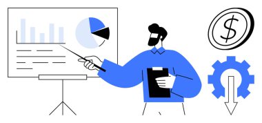 İş analizi, maliyet yönetimi, finansal planlama, veri görselleştirme, kurumsal strateji, bütçe optimizasyonu. Grafikleri pasta grafiği, dişli ve dolar işareti ile açıklayan adam. İş analizi