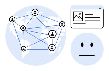Dijital güvenlik, çevrimiçi ağ, kullanıcı kimliği, küresel veri paylaşımı, sosyal bağlantılar ve iletişim. Tüm dünyada web sayfası elemanlarıyla bağlantılı profiller ağı. Dijital güvenlik
