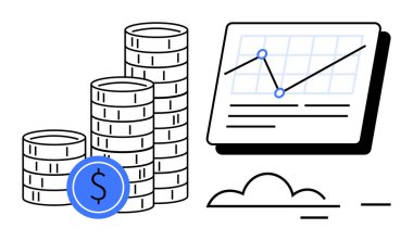 Dolar işaretli bozuk paralarla istiflenmiş paralar, veri çizgisi ve bulut elementi içeren analitik çizelgeler. Finans, yatırım, gelir, ekonomi, bütçe istatistikleri ve teknoloji için ideal. Basit düz metafor
