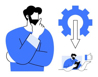 İş akışı otomasyonu, karar verme mekanizması, dijital görevler, uzak takım çalışması, fikir geliştirme, üretkenlik. Adam dişli, ok ve onay simgeleriyle kafa yoruyor. Çalışma akışı otomasyonu