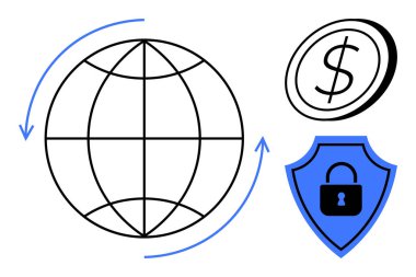 Mali güvenlik, çevrimiçi işlemler, küresel ekonomi, siber güvenlik, güvenli ödemeler, şifreleme. Bir küre, dolar işareti ve kilit ikonlu bir kalkan. Mali güvenlik ve çevrimiçi işlemler