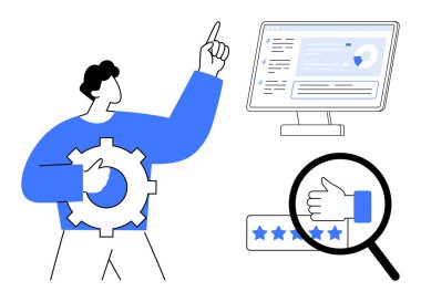 Process improvement, user satisfaction, data analysis, quality management, digital interface, feedback systems. Person with gear, computer screen, magnifying glass highlighting thumbs up and stars