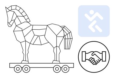 Siber güvenlik kavramı. Truva atı gizli tehditleri, el sıkışma güveni ve güvenli çözümleri vurgulayan ikonlar. Veriler, teknoloji, yazılım, ağlar, şirketler için siber güvenlik