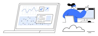 Veri analiz konsepti. Bir analist bir masaüstü bilgisayarında çalışırken bir laptop ekranında veri görselleştirmesi. Veri analizi karar verme ve performans optimizasyonunu destekler. İş için, teknoloji.