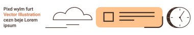 Zaman yönetimi, üretkenlik, bulut hesaplama, dijital iş akışı, iş analizleri, veri entegrasyonu. Saat, bulut çizgisi ve dikdörtgen metin bloğu olan minimalist tasarım. Zaman yönetimi