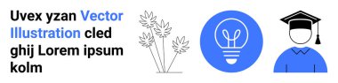 Eğitim, yenilik, öğrenme, sürdürülebilirlik, yaratıcılık, akademik başarı. Stilize bitki, ampul ve minimalist formatta mezuniyet ikonu. Eğitim ve yenilik vurgulandı