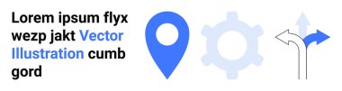 Navigasyon, konum hizmetleri, karar verme, iş akışı, üretim süreçleri, teknoloji sembolleri. Mavi lokasyon iğnesi, vites dişlisi ve yön okları. Navigasyon ve konum hizmetleri